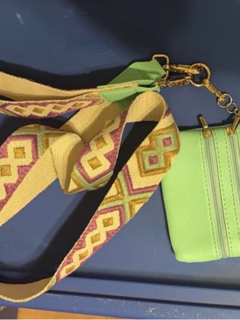 Green Crossbody Bag with Patterned Woven Strap
